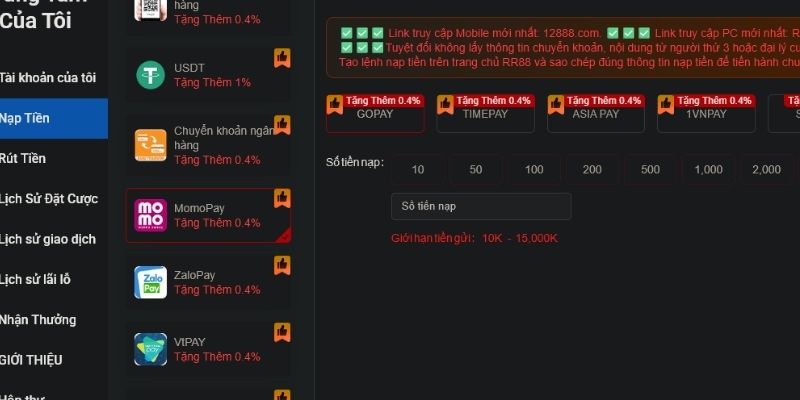 Nạp tiền RR88 có nhiều hình thức khác nhau